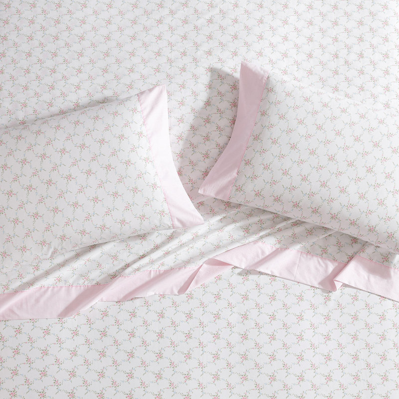 Laura Ashley Lynda Cotton Printed Hem Pink Full Sheet Set, King Sheet Set + 1 Fitted Sheet + 2 Pillowcases