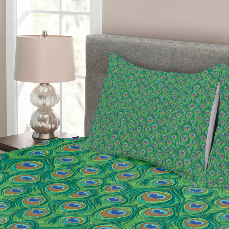Adinath Green/Orange Microfibre Bedspread Set, 220 x 220 cm Bedspread - 2 Shams