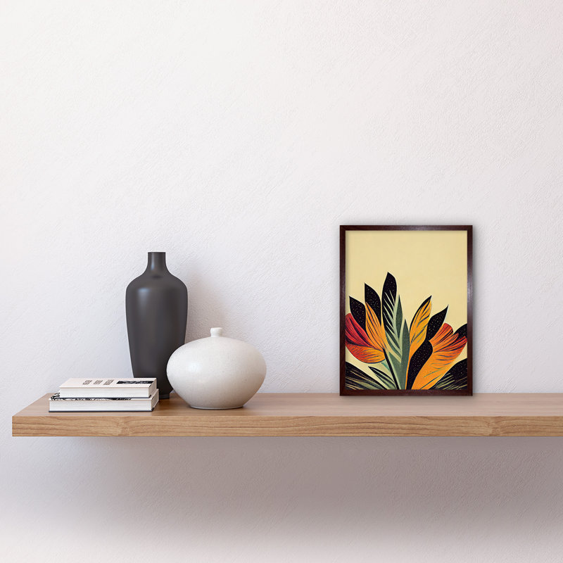 Abstract Retro Art Nouveau Flowers Bloom - Print, Brown Framed Paper, 25.9cm H x 20.6cm W