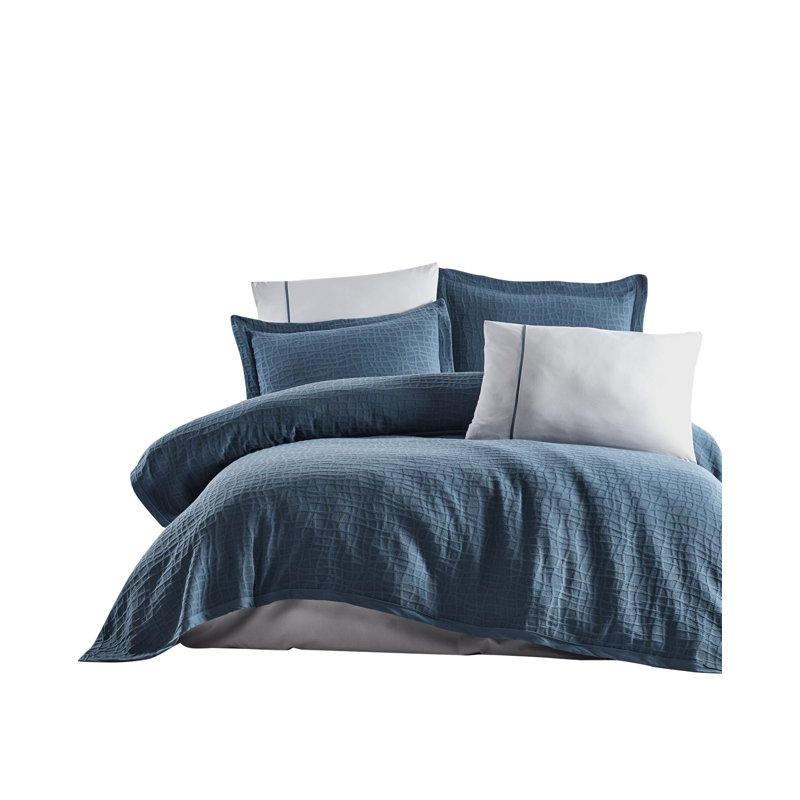 Ensemble de couvre-lit double 100% coton jacquard, bleu | Comprend une housse de lit (94,5 x 102,4), un drap plat (94,5 x 102,4), 2 taies d'oreiller (19,7 x 27,6) et 2 taies d'oreiller Oxford (19,7 x 27,6 + 2) | Lavable à la machine, doux et durable