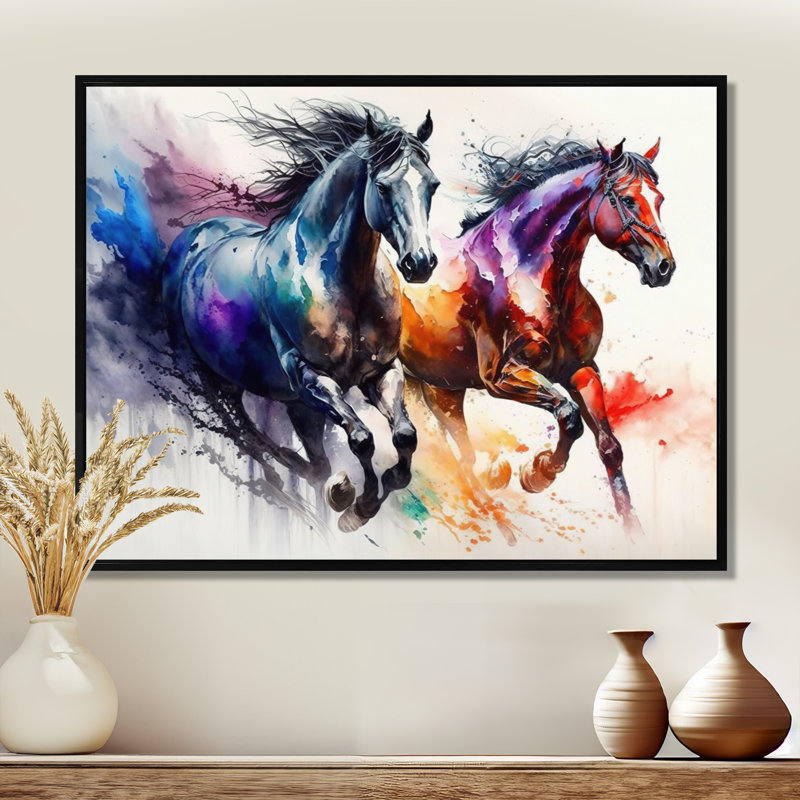 Horses Running II - Horse Wall Art, 30" H x 40" W x 1.5" D, Black Floater Framed