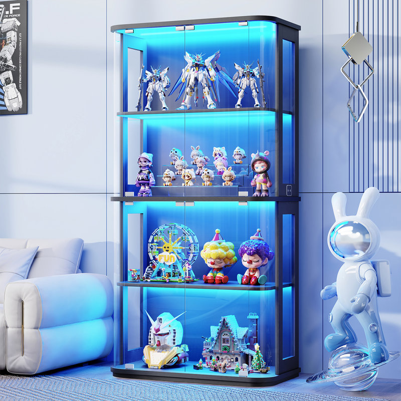 65" Rounded Display Cabinet With Glass Door, 4-tier Curio Cabinet With Transparent Full-display Surface For Collectibles, Glass Display Case With 3 Color Lights, Human Body Sensor, Black