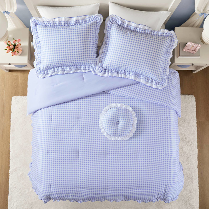 Full/Queen Comforter Featuring Double Ruffled , Soft Layered Look, Round Pillow, Breathable Fabric Bed , Pattern, Dual - Layer Ruffle, Microfiber