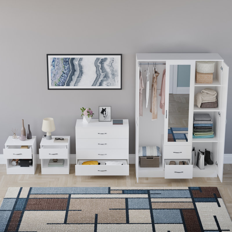 Tayce 4 Piece Bedroom Set (1 Drawer Bedside Chest X2, 4 Drawer Chest, 3 Door 2 Drawer Mirrored Wardrobe), White