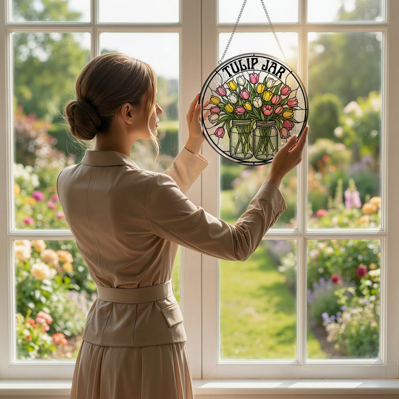 7.8"H Tulip Jar Stained Glass Window Panel, 7.8" H x 7.8" W