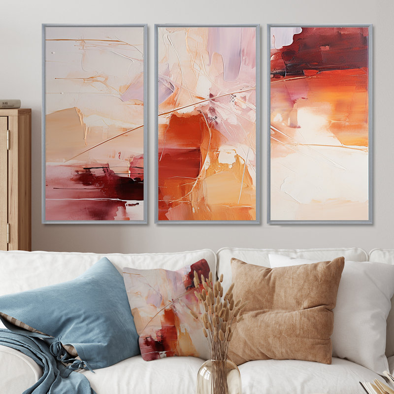Ensemble de salon déco triangulaire rouge orange - Collages abstraits, H 28 po x l 36 po x P 1 po, Encadrement argenté
