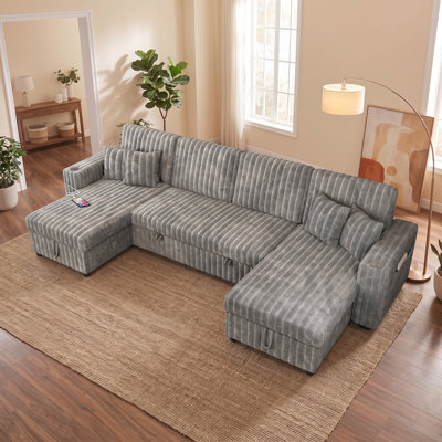 Canapé-lit en forme de U de 122 pouces, canapé modulaire coulissant 2 en 1 avec méridienne de rangement, ports de chargement et porte-gobelets pour le salon