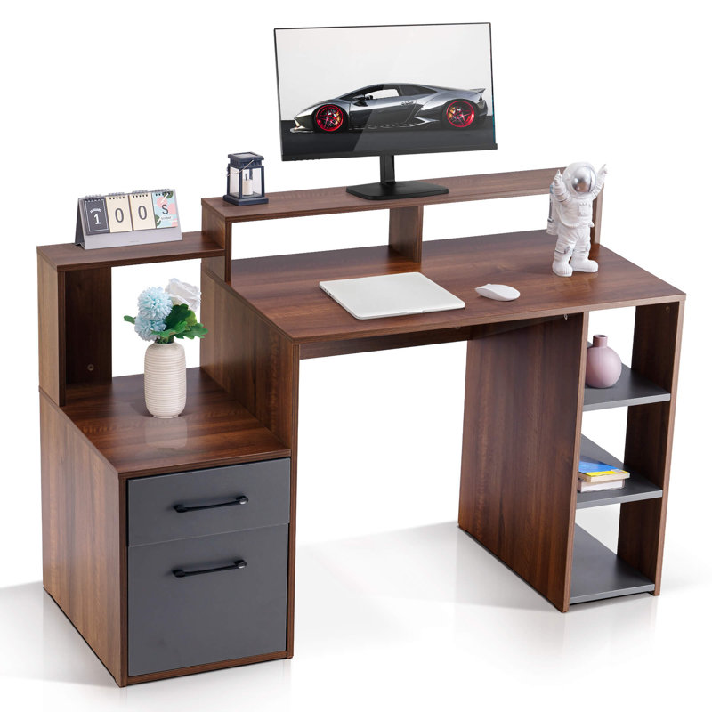 Modern Computer Desk with Storage Drawers and Shelf, Brown/Black