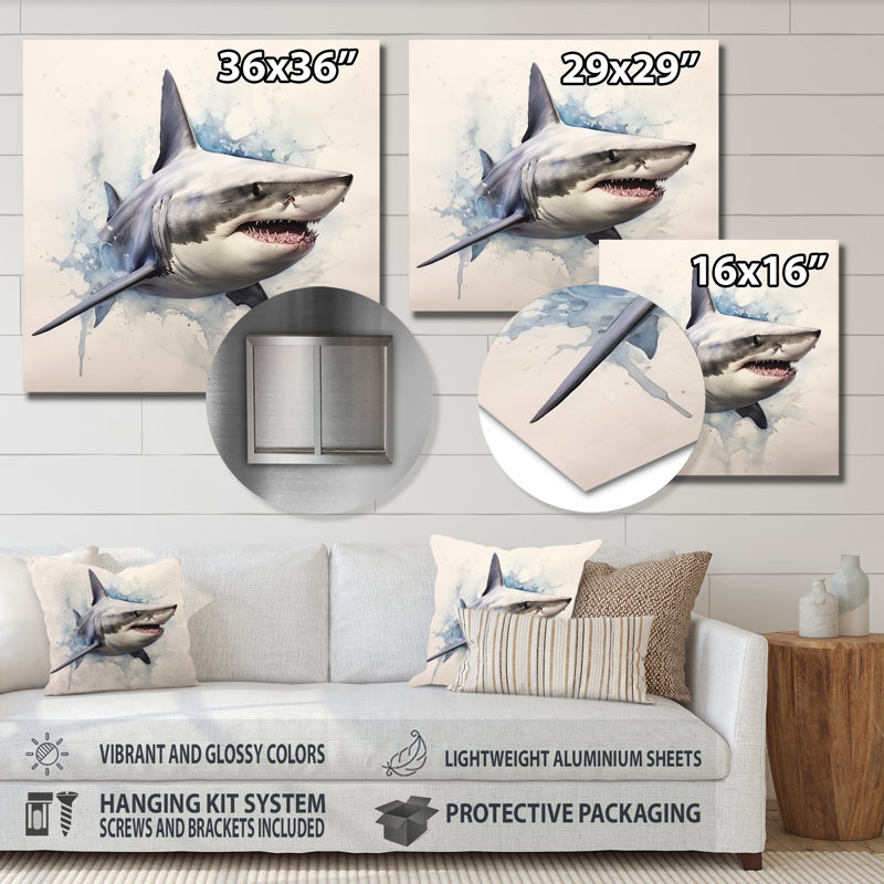 Fierce Shark I - Animals Print on Metal, 16" H x 16" W x 1" D