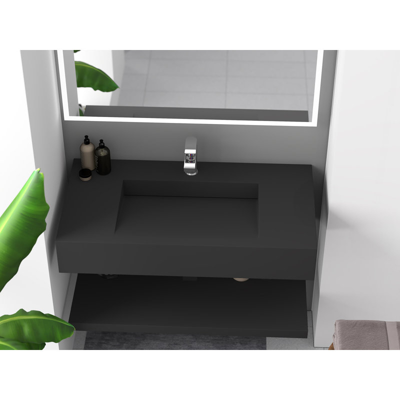 Pyramid 36" Wall Mounted Rectangular Solid Surface Bathroom Sink in Matte Finish - Black, With Faucet Hole