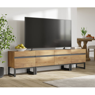 Meuble télé moderne pour téléviseur de 70 po ou moins, meuble audio-vidéo 3 en 1 avec armoires de rangement et base en métal, console multimédia pour le salon, 71 po