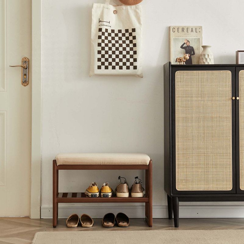 Banc de rangement pour chaussures Mid-Century, Noyer, Beige