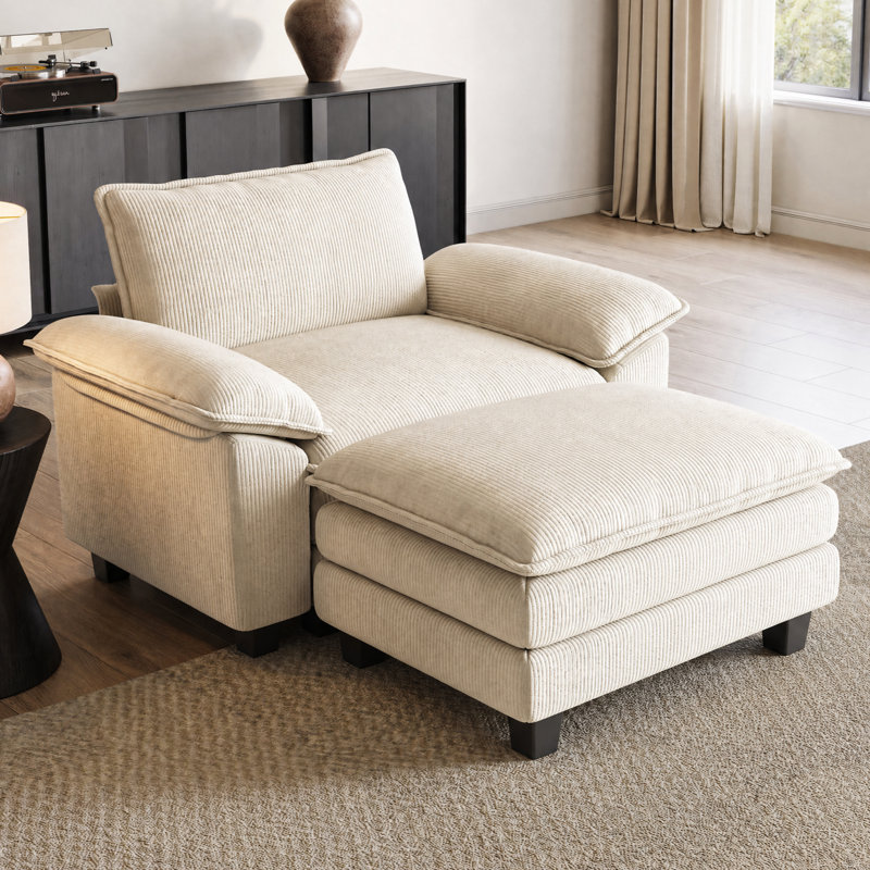  Colbey 56" Oversized Upholstered Armchair with Ottoman, Lena Beige Corduroy