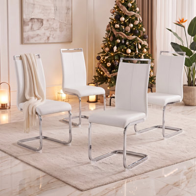 Modern Faux Leather Cantilever Dining Chairs with Chrome Base (Set of 4)