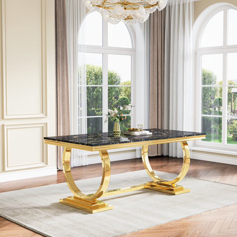 Rectangular 70.1"L X 35"W Dining Set, Bleu / doré, Noir et or, 7 pièces : table, 6 chaises