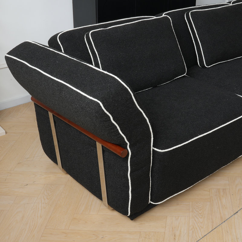 Upholstered 128.36" Boucle Slipcovered Flared Arm Sectional Sofa With Ottoman, Black Boucle