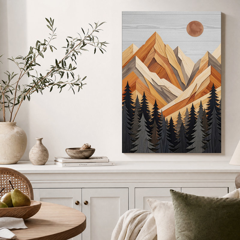 Tableau sur toile représentant un paysage de montagne en bois superposé avec des pins, H 18 po x l 12 po