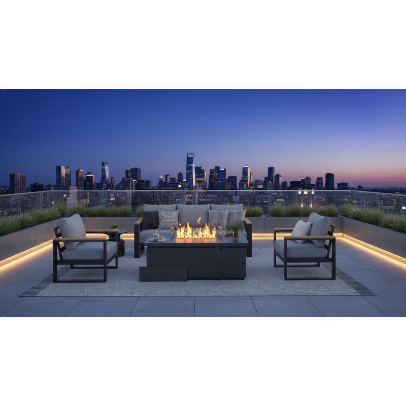 7-Person Aluminum Patio Furniture Set With 50000 Btu Fire Pit Table, Modern Patio Conversation Set With 6'' Olefin Cushions For Balcony, Porch, Backyard