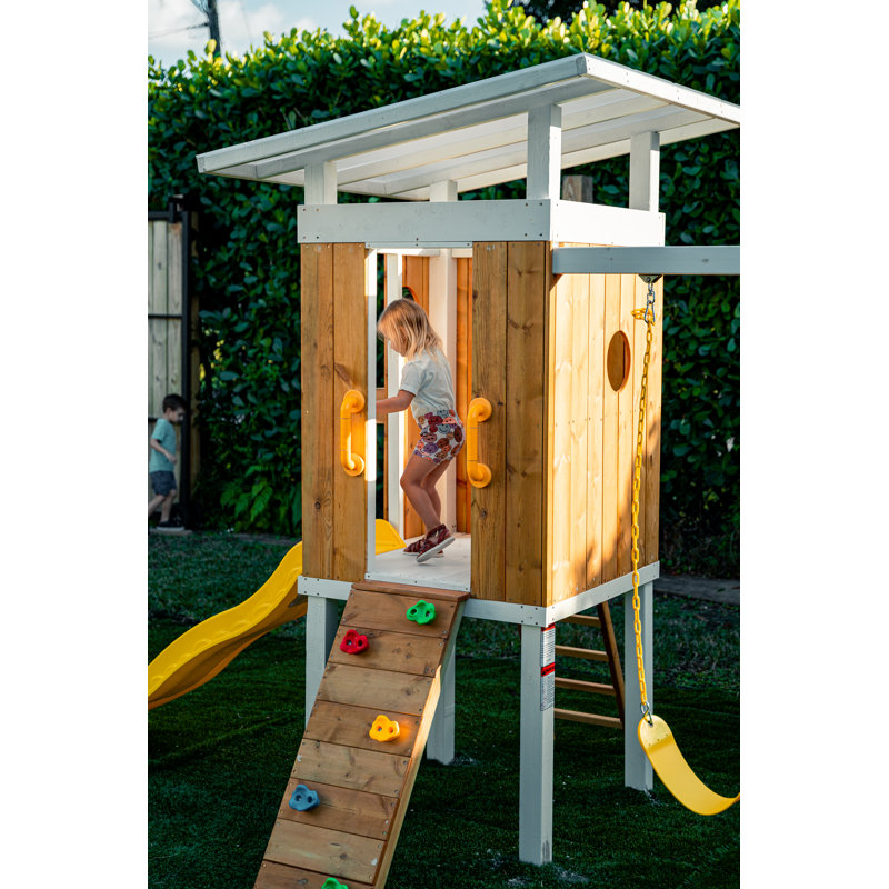 Avenlur Modern Pine Wood Outdoor Swing Set with Slide and Swings