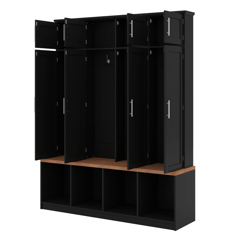 Farmhouse Hall Tree With 4 Hidden Hanging Hooks, Versatile Walnut Seating Bench With 8 Doors, Entryway Shoe Cabinet, Black