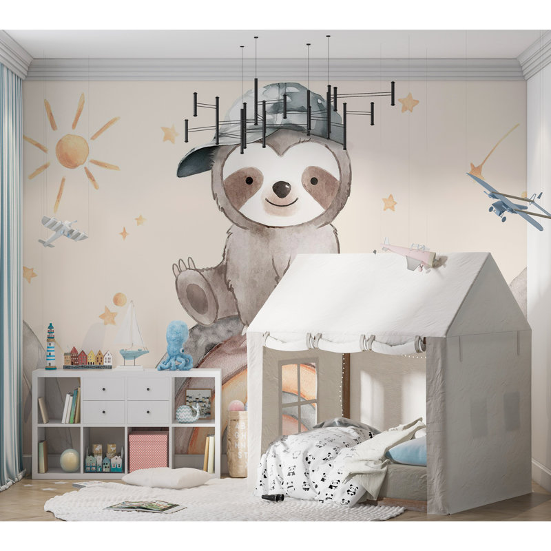 Adhésif mural pelez et collez les enfants - Petit paresseux sur un arc-en-ciel, L 96 po x L 68 po