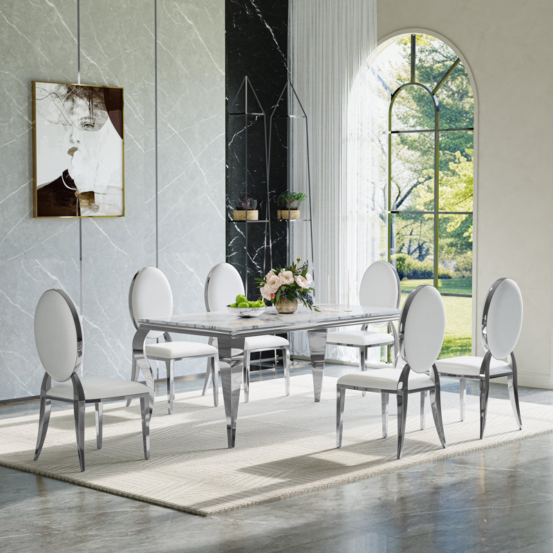 7-Piece Modern Dining Set with Faux Marble Tabletop and Upholstered Chairs – Stainless Steel Legs, Seats 6, White/Silver