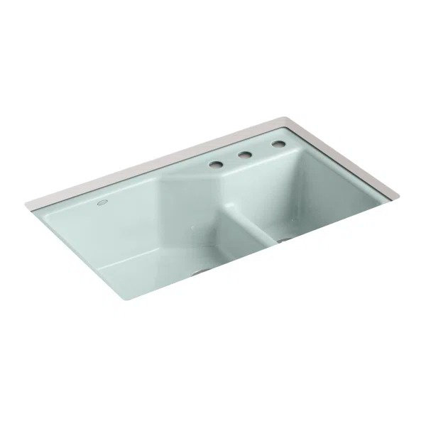Indio® 33" L x 21.125" W Double Basin Undermount Kitchen Sink with Accessories, 3 hole, Ice Gray
