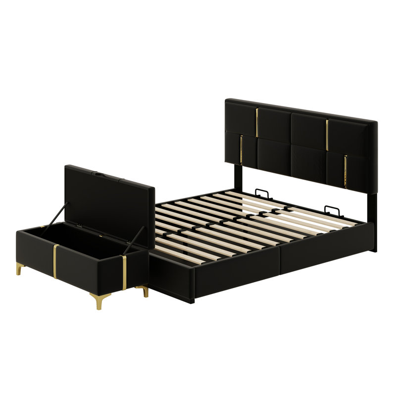 Ensemble de chambre à coucher 2 pièces, lit plateforme tapissier avec système de rangement hydraulique, repose-pieds de rangement avec pieds en métal