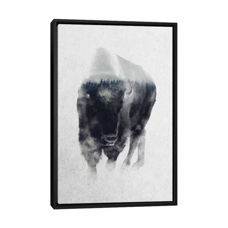 «Bison in Mist», reproduction de photo sur toile tendue, H 26 po x l 18 po x P 1,5 po, Toile avec cadre noir, Pas de tapis