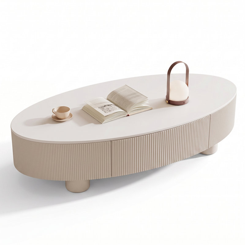 Table basse moderne cannelée ovale avec plateau en pierre frittée de 12 mm et 2 tiroirs en bois massif, blanc, Blanc