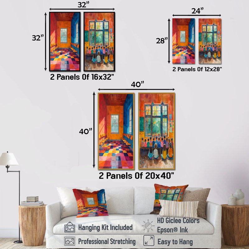Ensemble de 2 pièces d'école orange orange et bleu CreatIVe Classroom School I, Ne s’applique pas, Toile tendue sur cadre