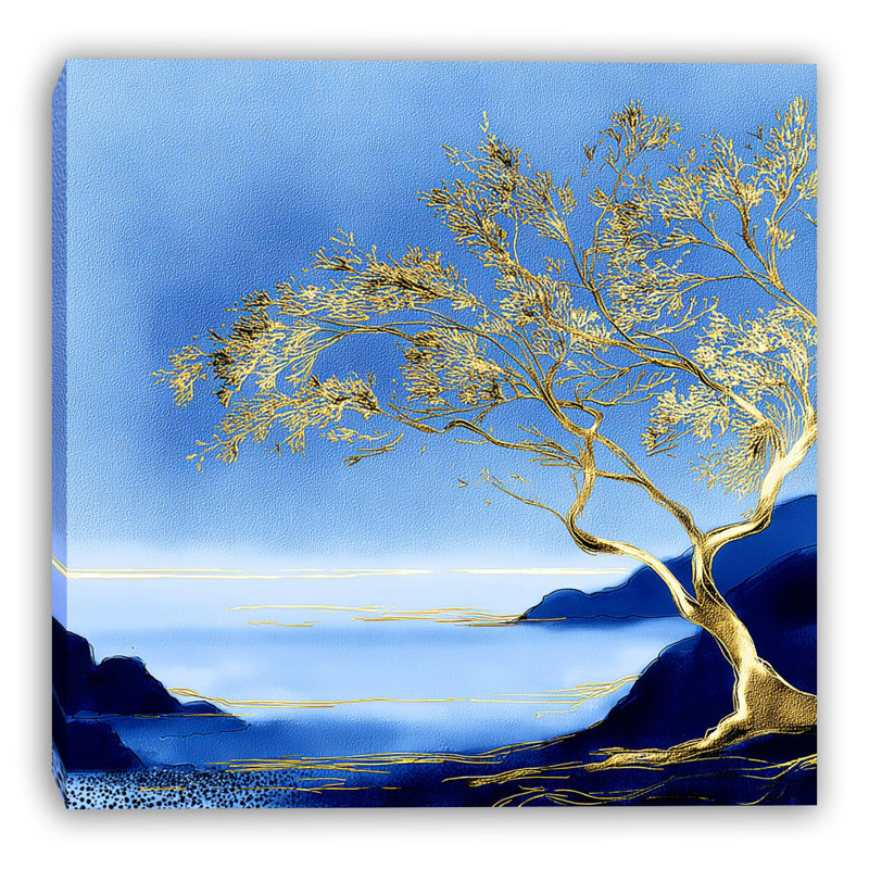 «Blue and Gold Coastal Tree Landscape», art mural sur toile tendue, L 12 po x H 12 po x P 1 po