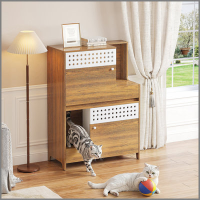 Meuble moderne 2 en 1 pour chat, table d'appoint pour litière pour chat, maison pour chat avec rangement, pour 2 petits et moyens chats - Brun