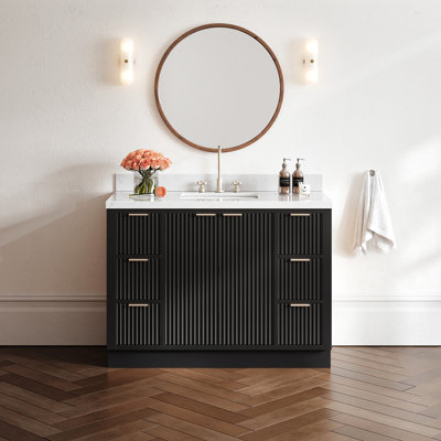 Haun 48'' Solid Wood Single Bathroom Vanity with 1.5'' Carrara Quartz Top in Black, Rectangular Sink