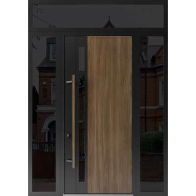 Façade avant en acier pré-suspendue / Dekton 0163 Venezia Noce / 2 fenêtres extérieures latérales et supérieures Sidelite / Entrée en métal peint moderne l 16 + 36 + 16 po x H 96 + 16 po à droite