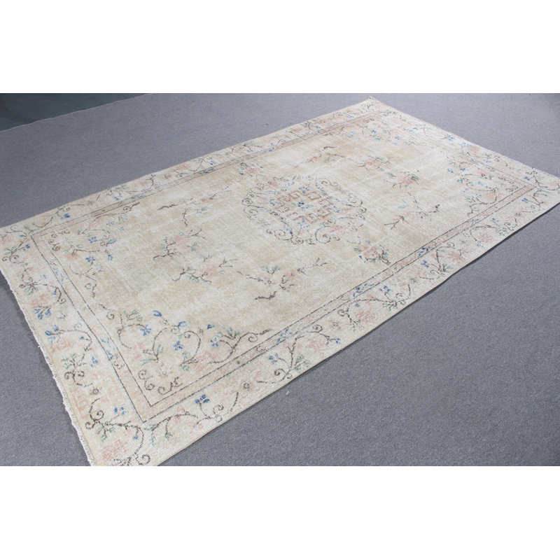 Grand tapis beige en laine Oushak rétro avec frange, idéal pour la salle à manger