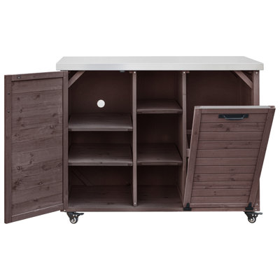 Îlot de cuisine extérieur avec table de barbecue pliable, chariot de barbecue en bois avec rangement pour poubelle et plateau en acier inoxydable, chariot de bar extérieur, table de four à pizza pour pelouse et jardin