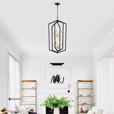 Luminaire suspendu en métal à 8 lumières de style lanterne suspendue au plafond noir avec lustre moderne pour îlot de cuisine, salon, vestibule, vestibule