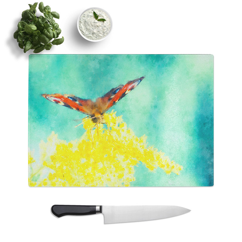 Butterfly on a Flower Painting Chopping Board, 0.4cm H x 20cm W x 28.5cm L