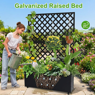 Metal Planter Box with Trellis, 70.87"x46.46"x11.81" Raised Garden Bed with Trellis & Wheels, Outdoor Garden Box with Privacy Screen & Drainage Holes for Climbing Plants Flower Vegetable