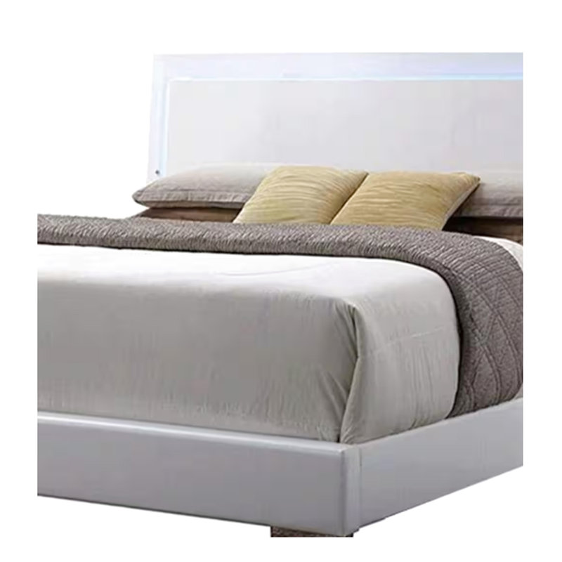 Queen Bed With Led Lighting System, White Faux Leather Upholstery, - Coated Straight Legs, High Gloss Back Panel On Hb, Padded Hb And Fb, 3 Slats Support 660Lbs Weight Limit, 63In Width Enabled Bed,