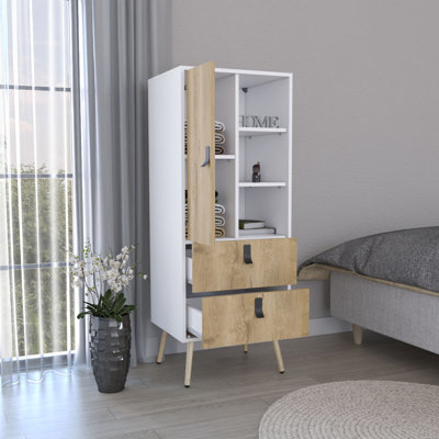 Commode haute avec porte, 2 tiroirs et tablettes ouvertes | Idée de cadeau