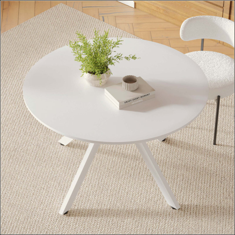 Table de salle à manger ronde en bois massif pour 4 à 6 personnes avec base piédestal entrecroisée, Blanc, Blanc