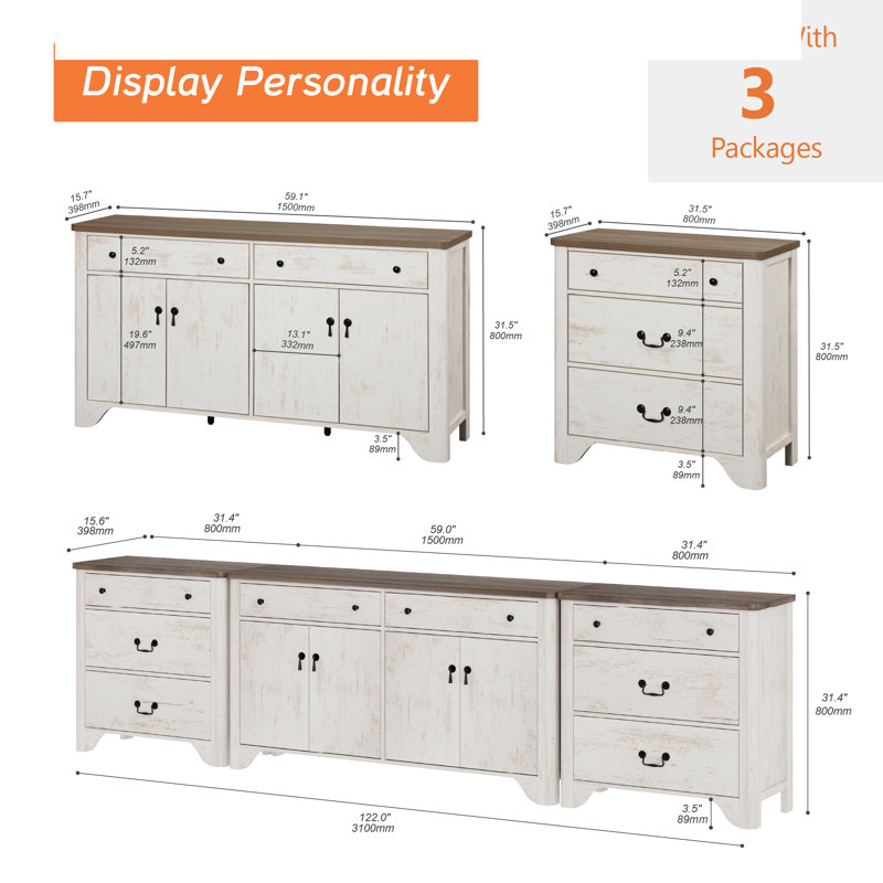 Ensemble de commode 3 pièces Farmhouse, buffet de cuisine avec rangement et commode à 3 tiroirs pour 2, entrée, salon, salle à manger