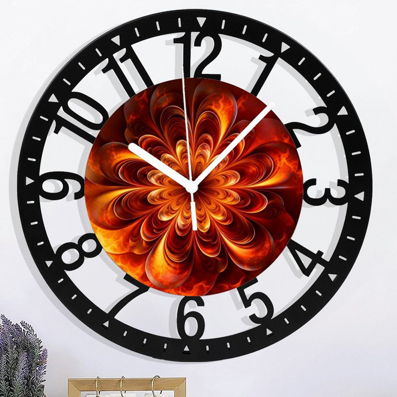 Horloge murale ronde en fer 10 po avec mouvement à quartz silencieux, chiffres arabes, impression UV, Flamme