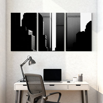 Ensemble de 3 impressions sur toile, villes et pays, ligne d'horizon urbain, reflet noir et blanc
