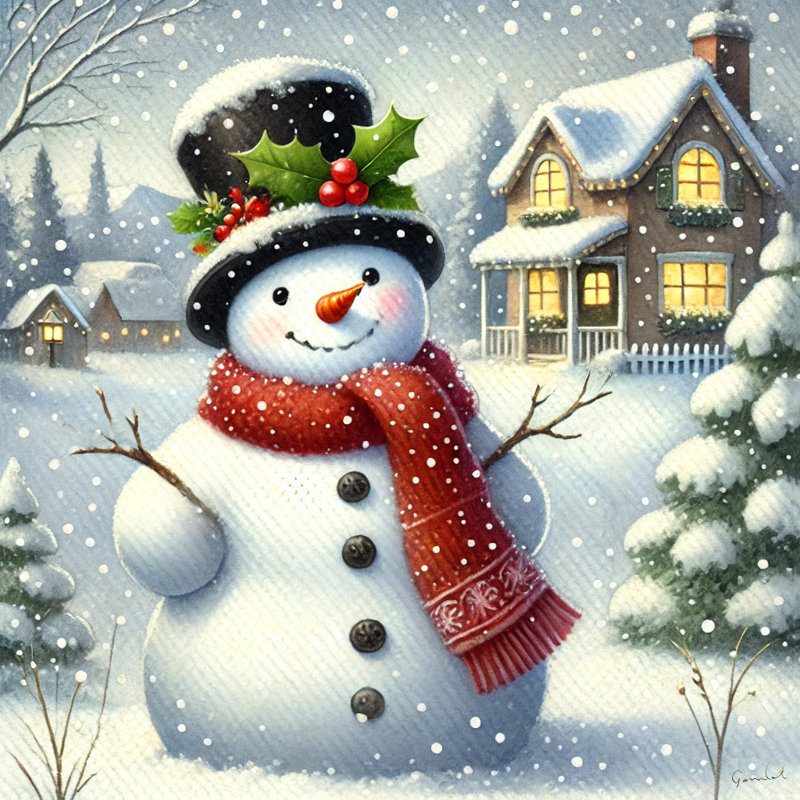 «Snowy Serenade: Festive Snowman», art mural sur toile, H 20 po x l 20 po
