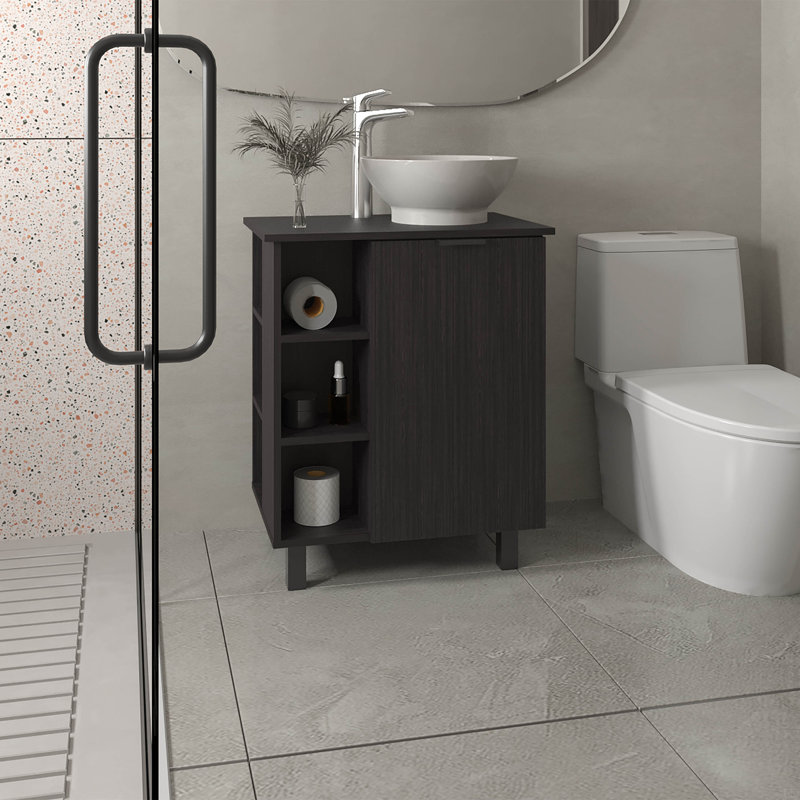 Meuble-lavabo avec lavabo, 1 porte, 4 pieds, 5 tablettes
