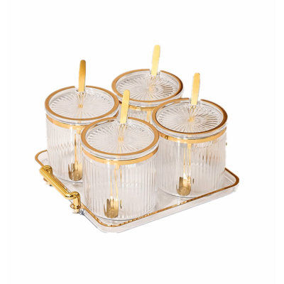 Acrylic Condiment Spice Jars,Condiment Spice Box With Lids And Spoons And Tray,Plastic Condiment Canisters,Seasoning Box 4 Pack,Seasoning Box Set For Kitchen To Storage Salt,Paprika,Sugar