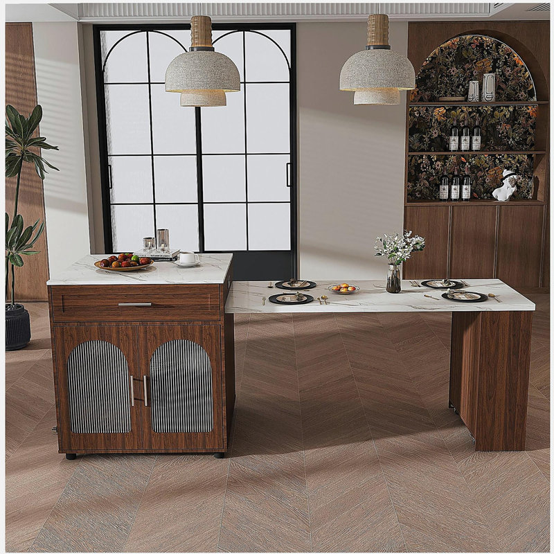 Îlot de cuisine de 80 pouces avec table de salle à manger, comptoir en grain de marbre avec prise de courant, chariot de rangement mobile avec armoire et 2 tiroirs, table de préparation de cuisine à finition noyer